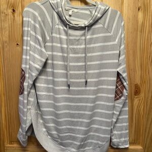 Maurices Gray Striped Hoodie with Plaid Elbow Patches